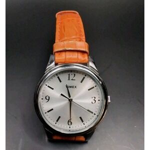 NEW-TIMEX SILVER TONE, ORANGE‎ CROC LEATHER BAND WATCH New Battery